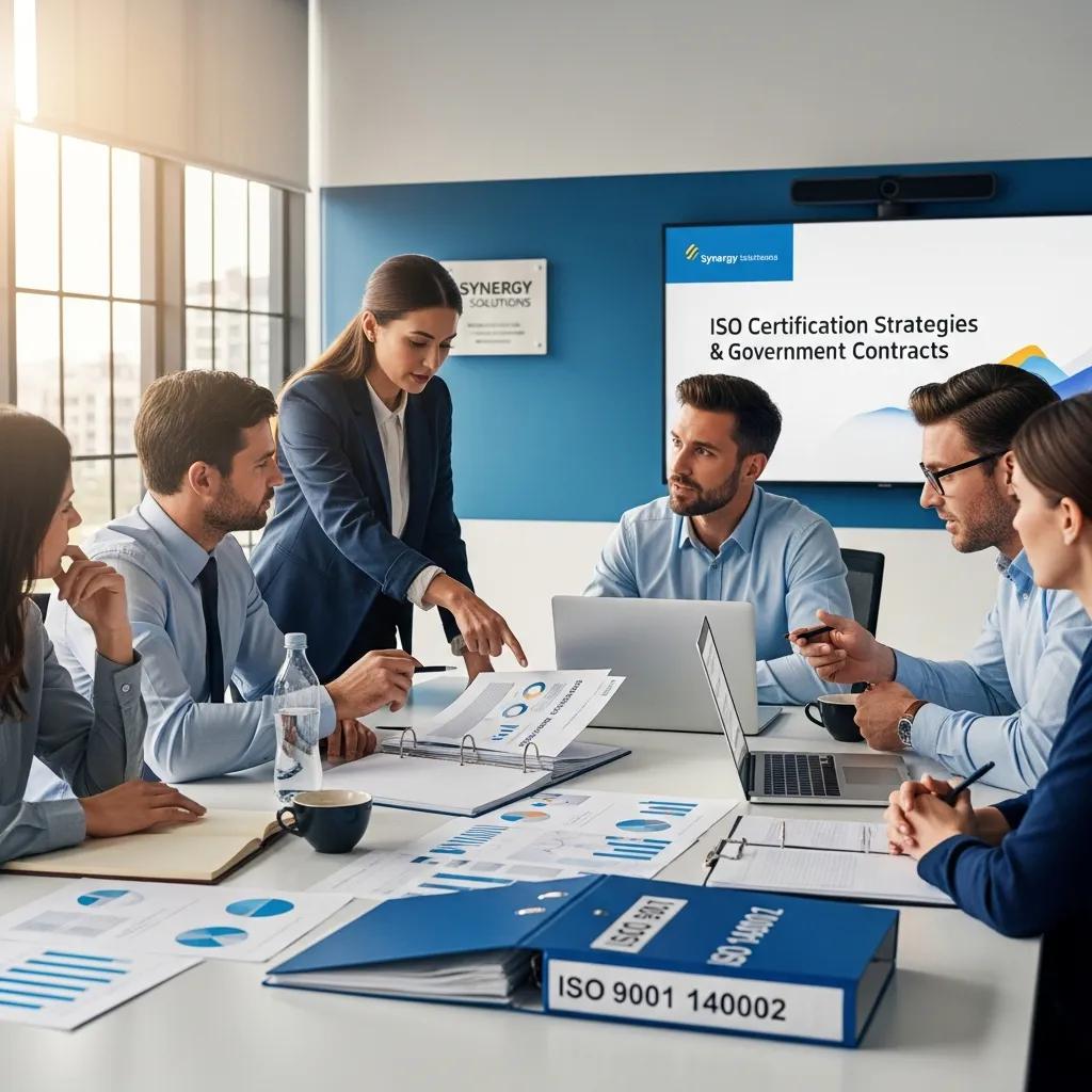 Business professionals collaborating on ISO certification strategies in a modern office