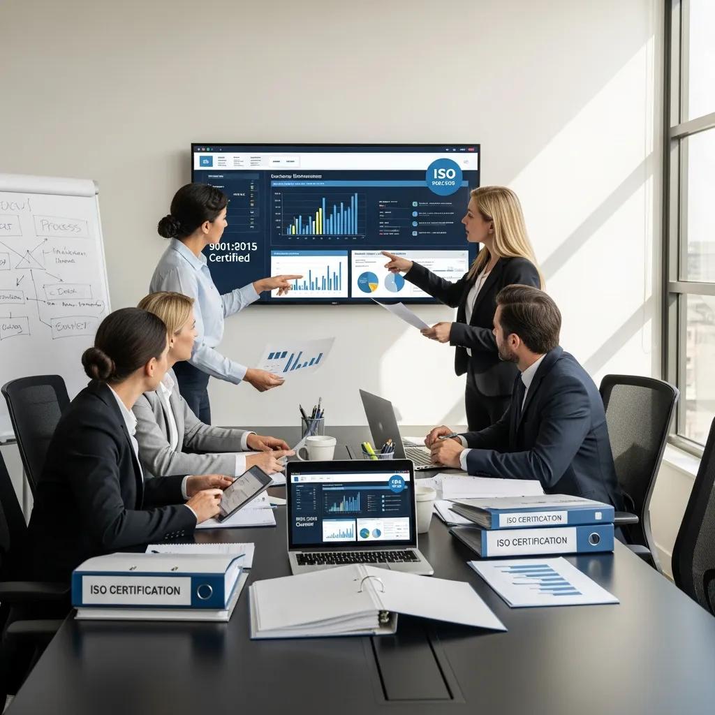 Business professionals collaborating on ISO management system standards in a modern office