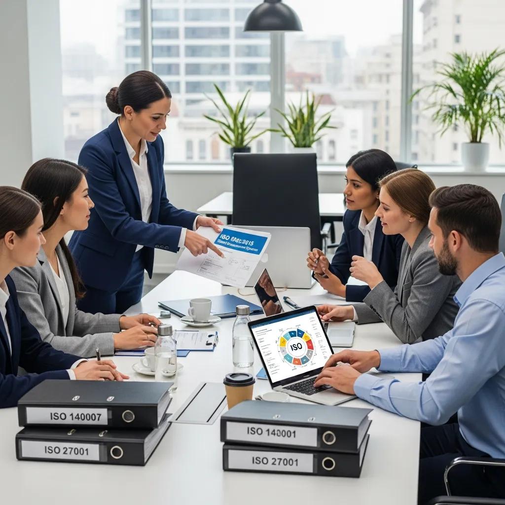 Business professionals collaborating on ISO standards in a modern office