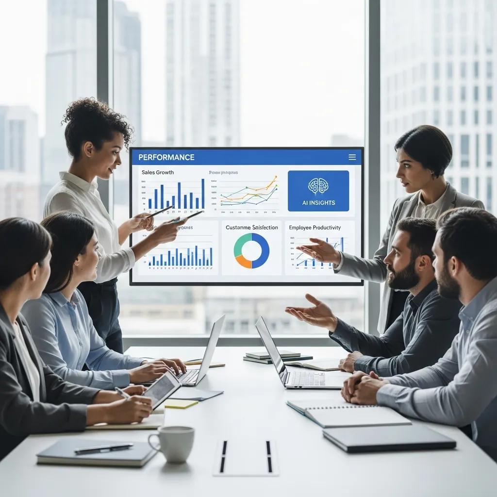 Business professionals collaborating on performance evaluation techniques in a modern office