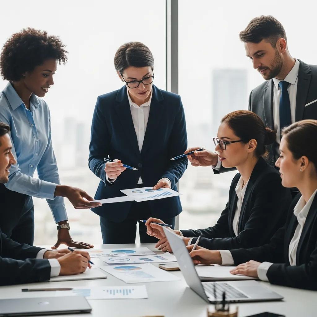Business professionals collaborating on resilience strategies in a modern office