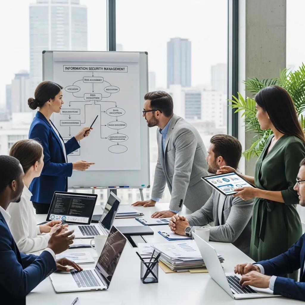Business professionals discussing ISO 27001 certification in a modern office setting
