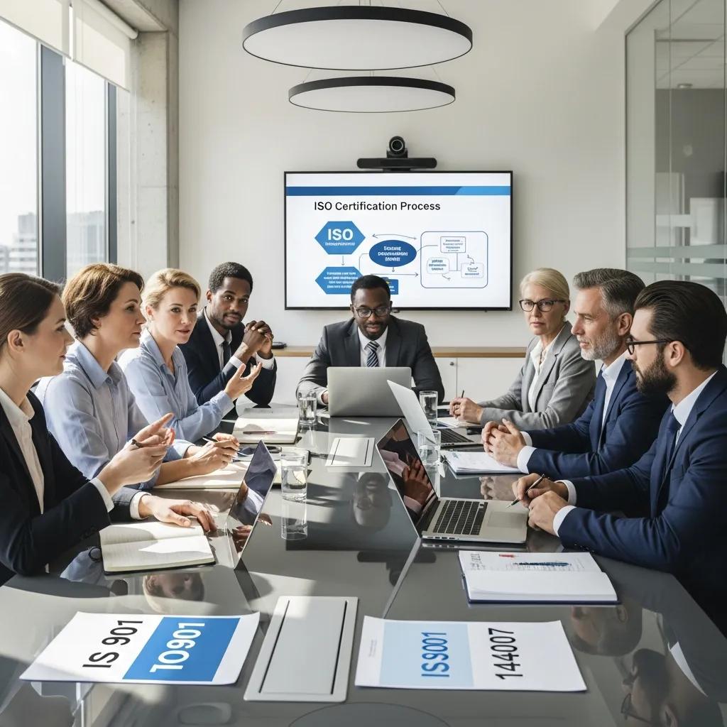 Business professionals discussing ISO certification in a modern conference room