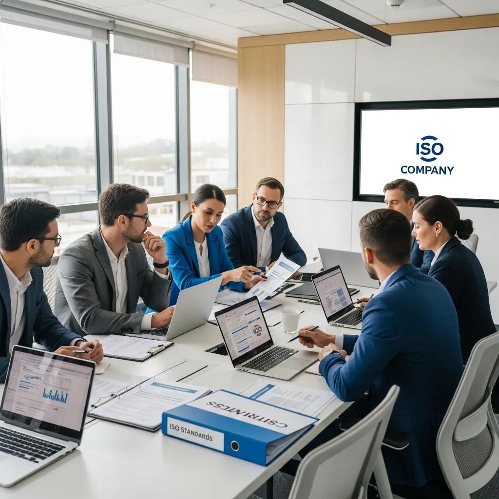 Business professionals discussing ISO certification in a modern conference room