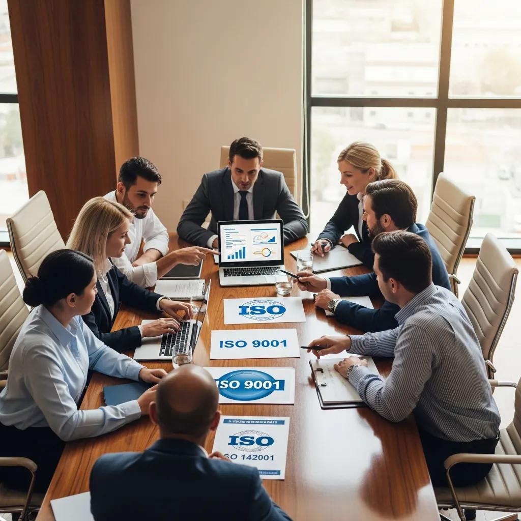 Business professionals discussing ISO certification in a modern conference room