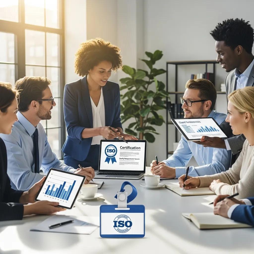 Business professionals discussing ISO certification with visible certification documents and a certificate badge