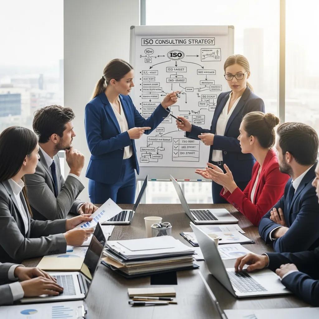 Business professionals discussing ISO consultant selection in a collaborative meeting