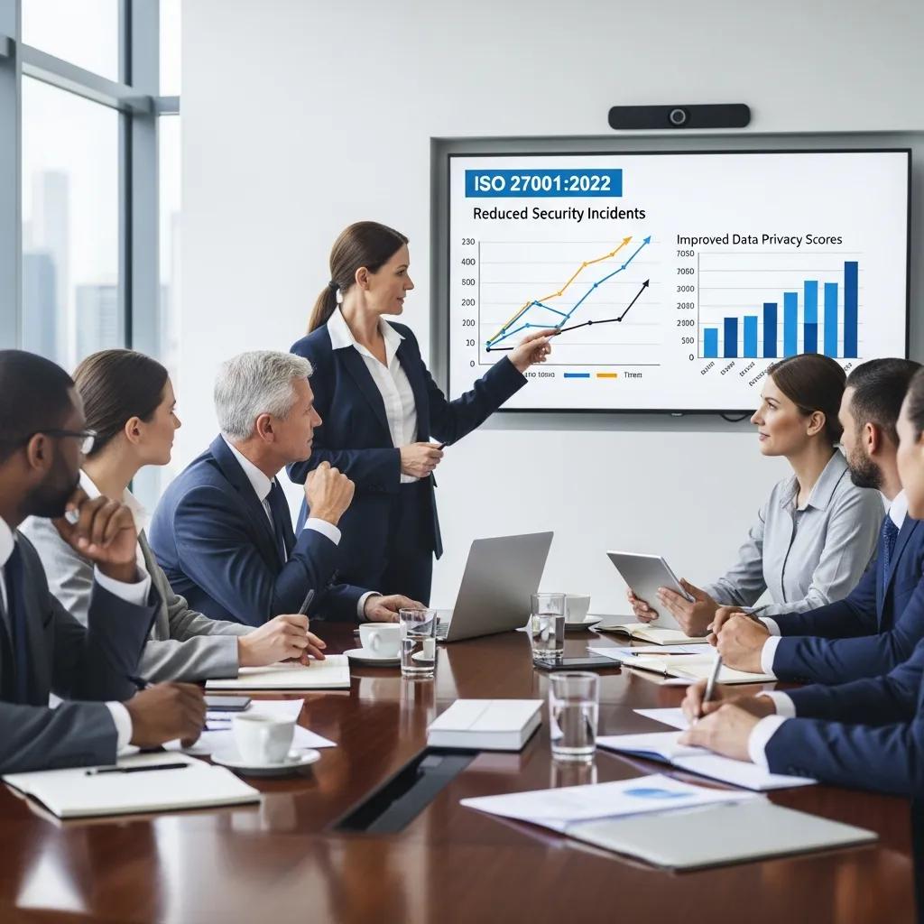 Professionals reviewing the business benefits of ISO 27001:2022 certification
