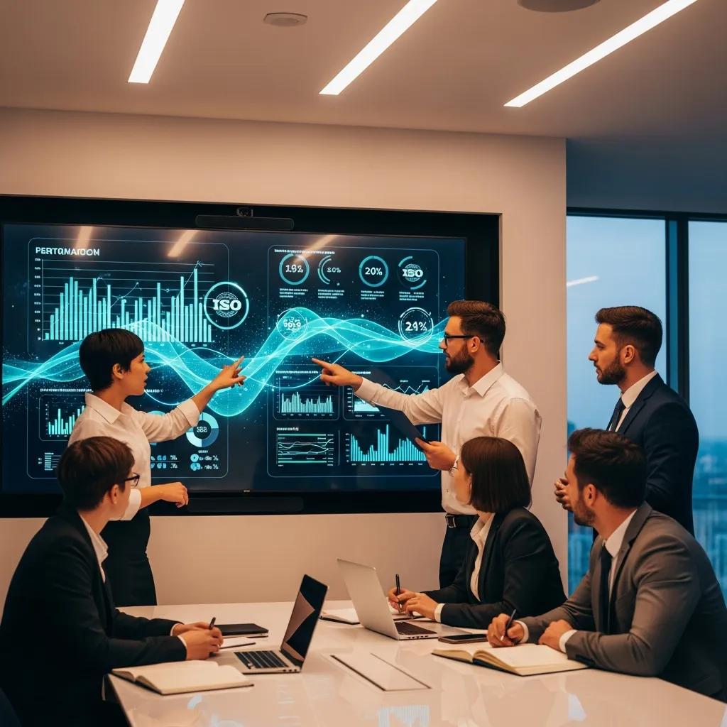 Team reviewing ISO certification benefits in a conference room