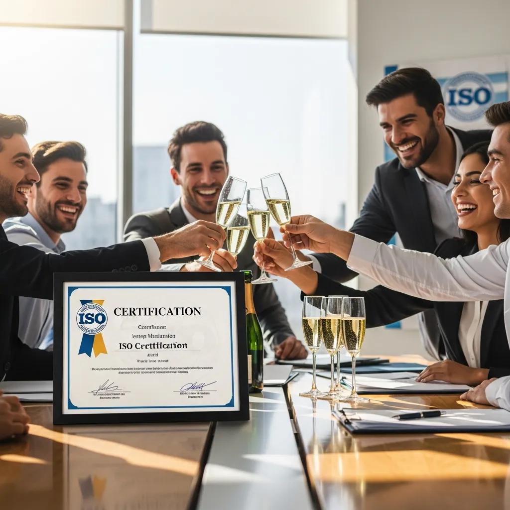 Team celebrating ISO certification with a certificate