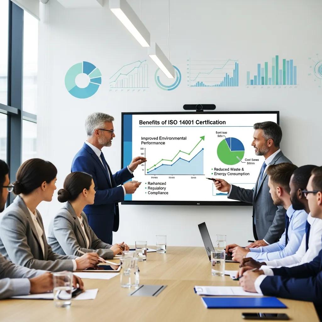 Business team reviewing the advantages of ISO 14001 certification during a meeting