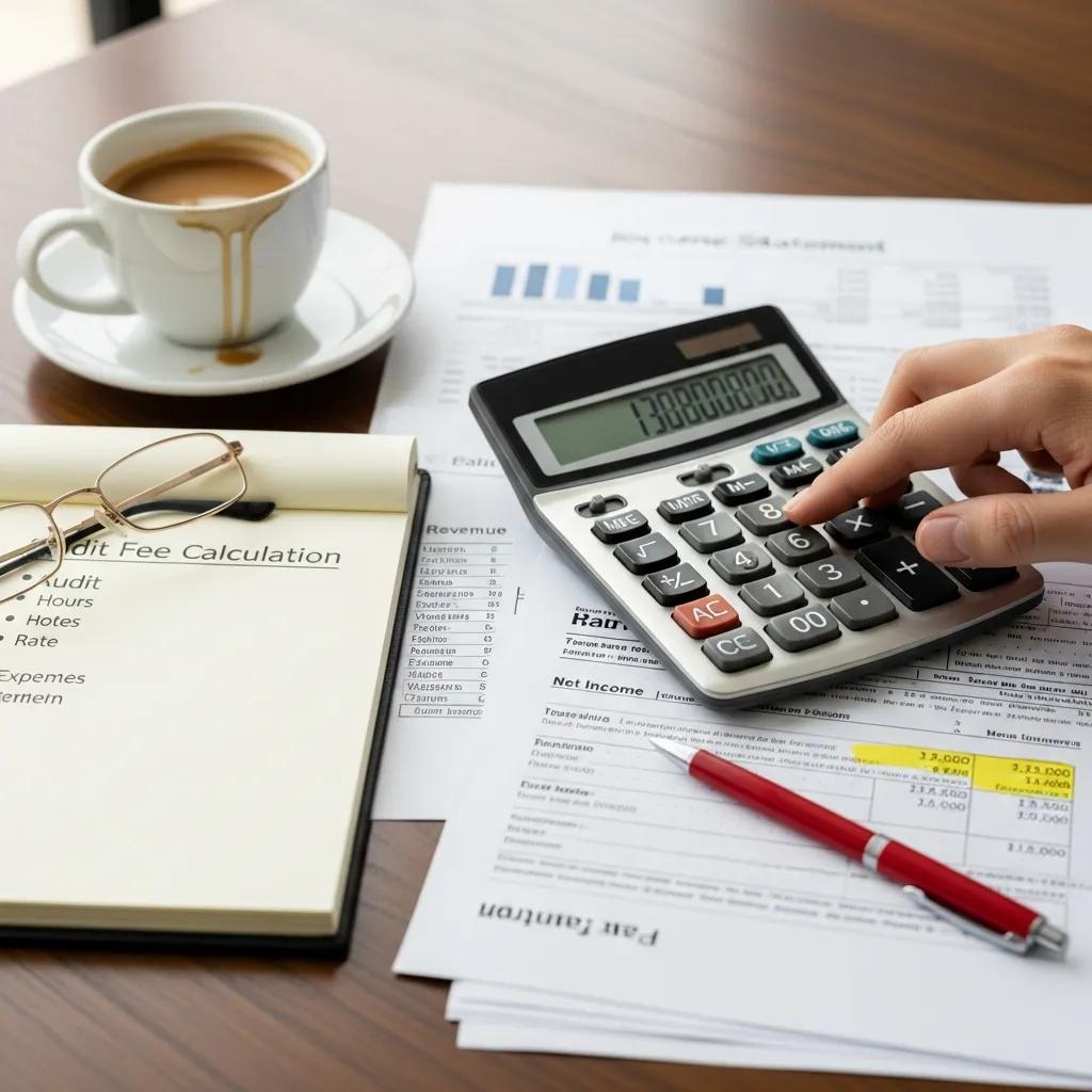 Calculator and financial documents on a desk to illustrate audit fee calculations