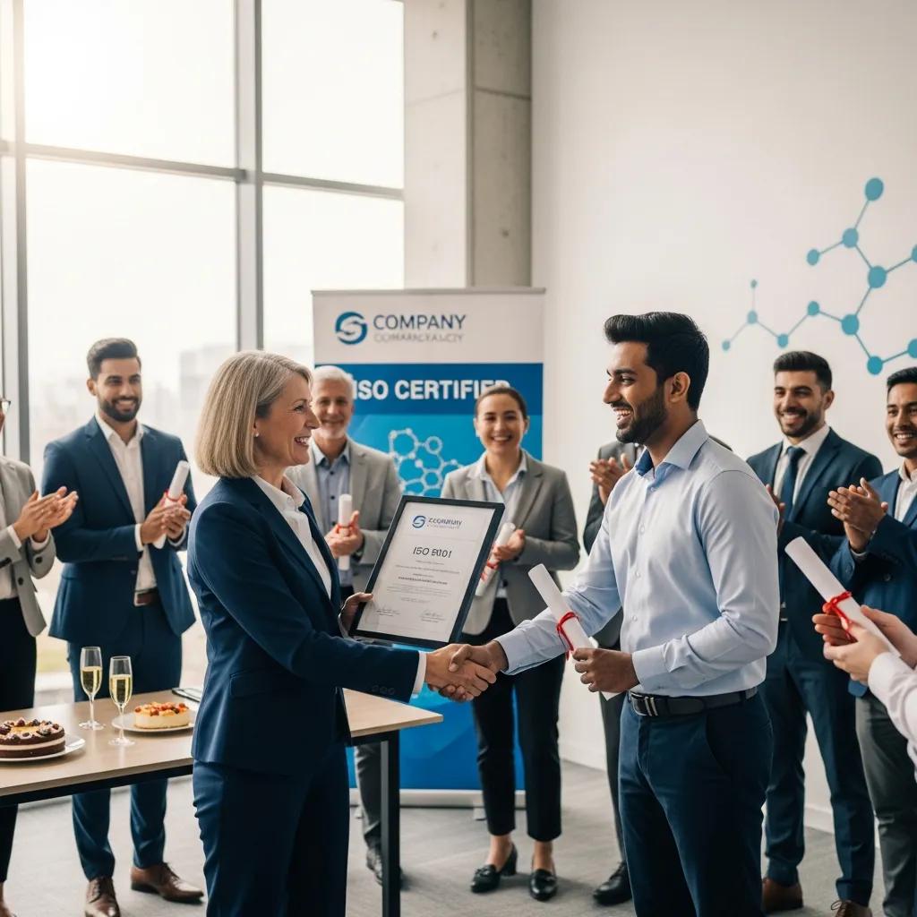 Team celebrating ISO certification at a pharmaceutical company