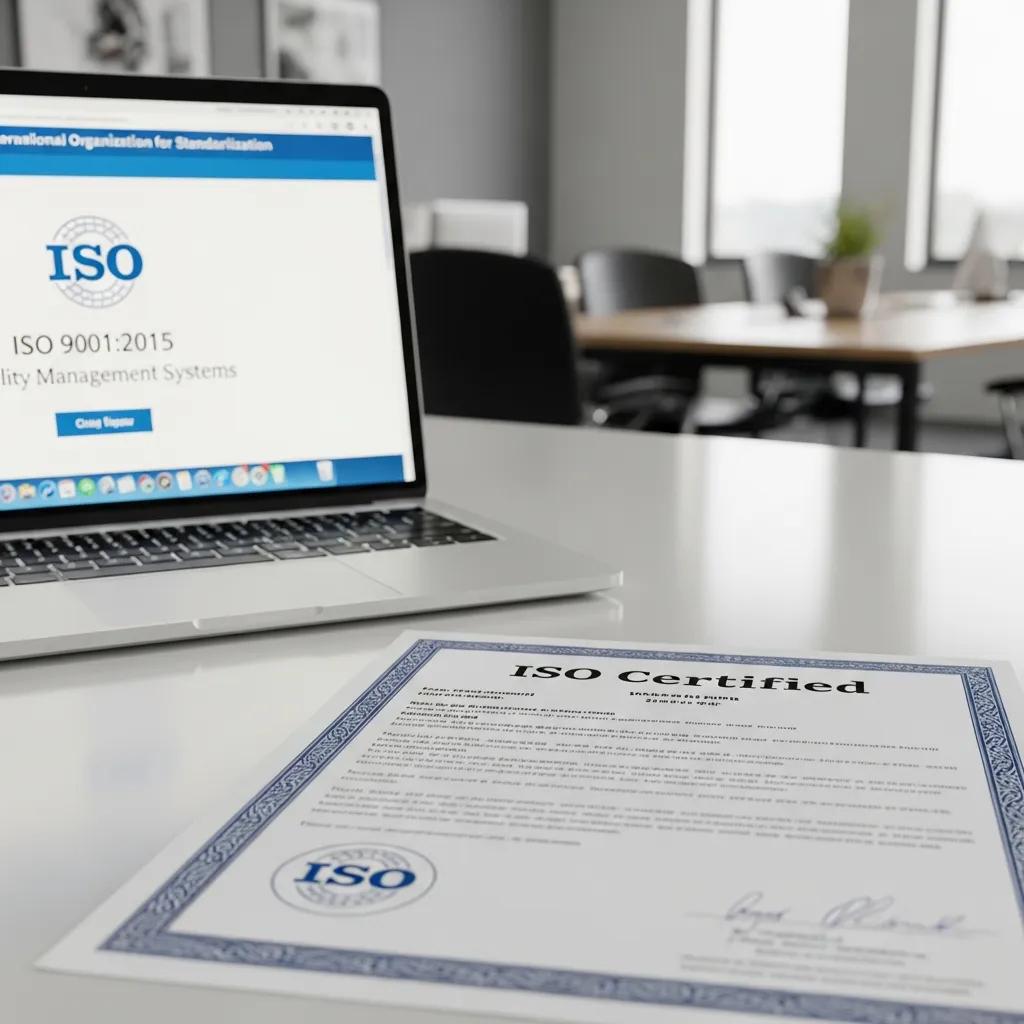 ISO certification documents and consultant qualifications on a desk
