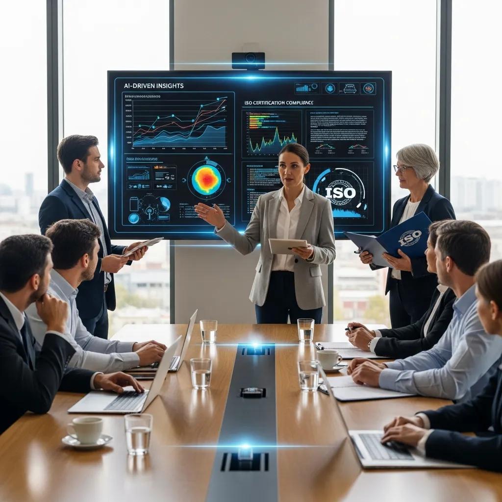 Stratlane team and clients reviewing AI insights during a certification meeting