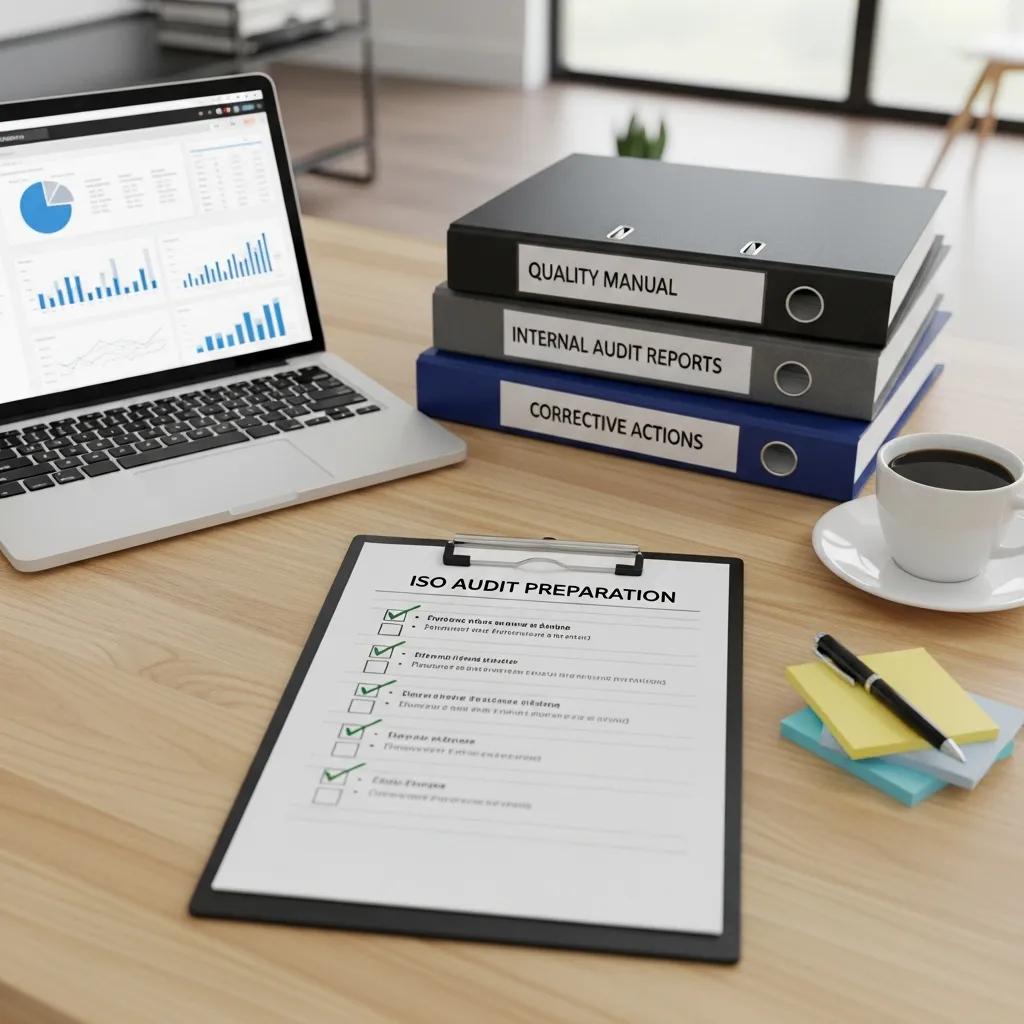 Audit preparation materials and a checklist laid out to show readiness for an ISO surveillance audit