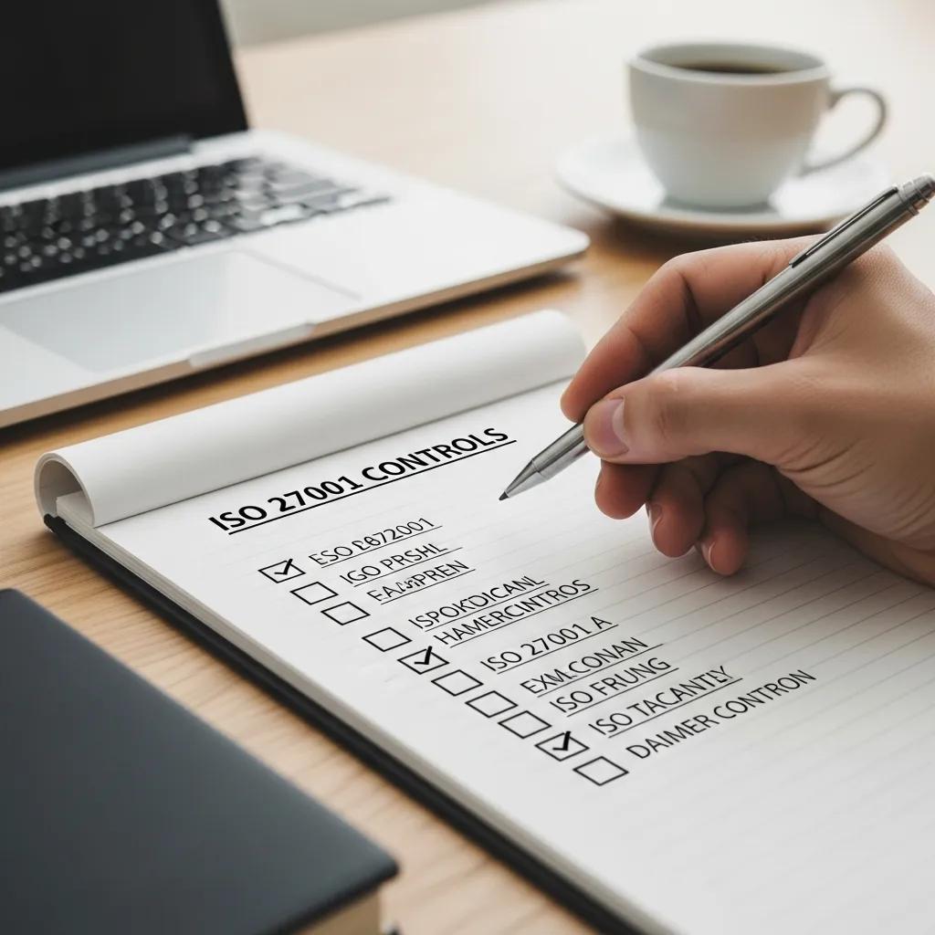 Checklist being completed for ISO 27001 controls in a professional workspace