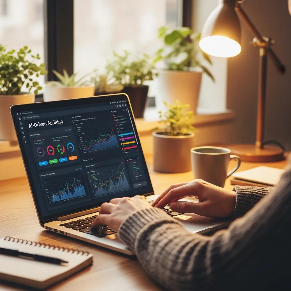 Close-up of a person using AI-assisted audit software in a workspace — highlighting technology in finance