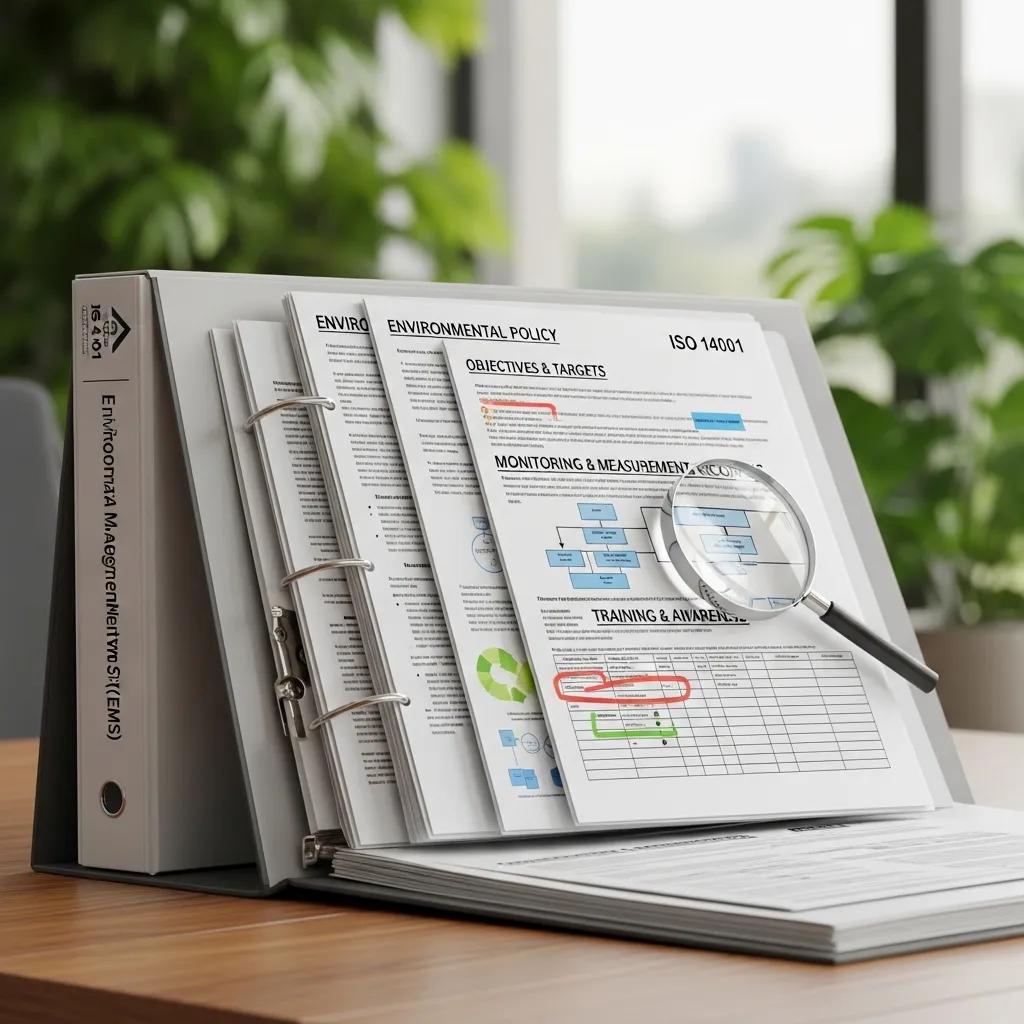 Close-up of an environmental management system document in a sustainable office