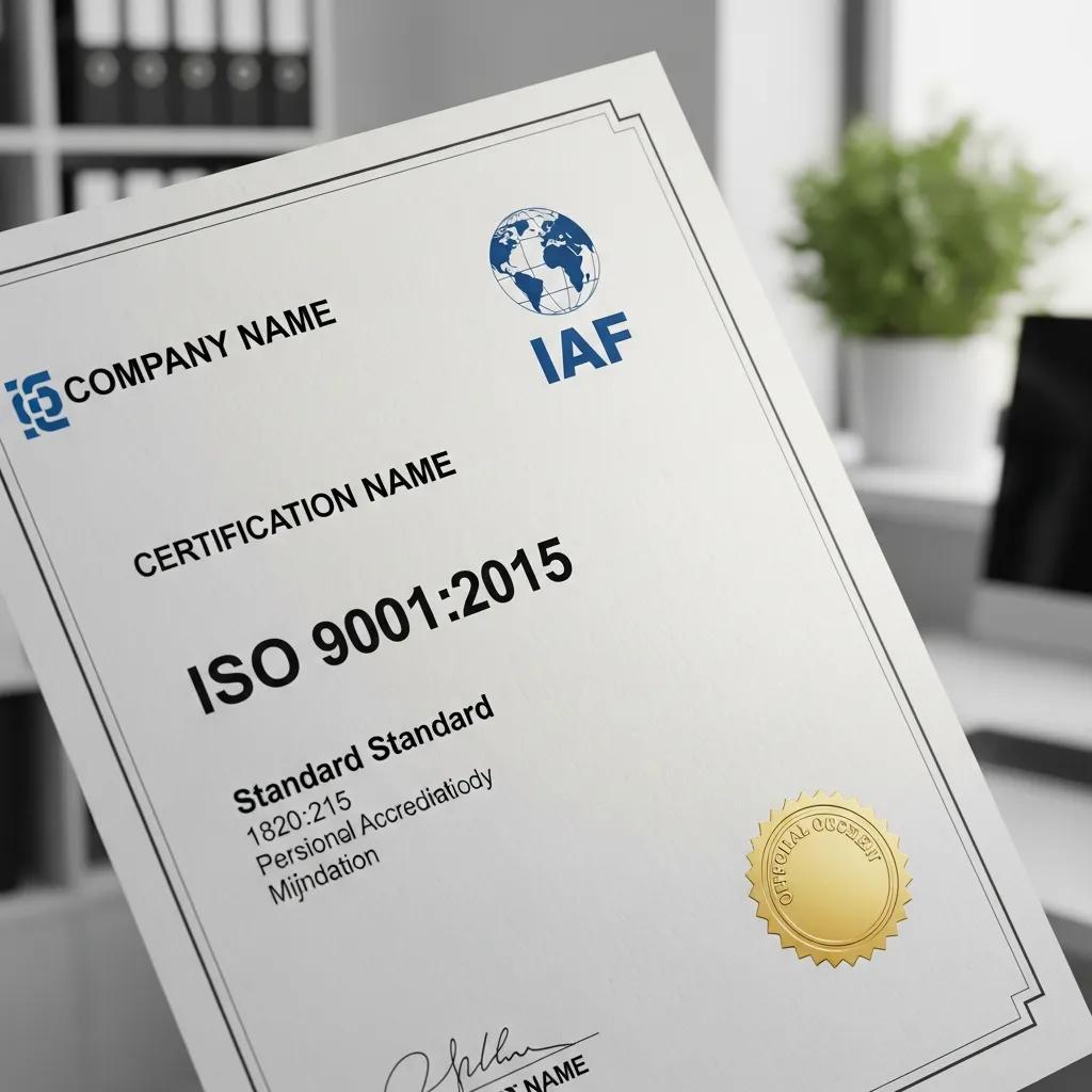 Close-up of a certified ISO document showing an IAF accreditation mark