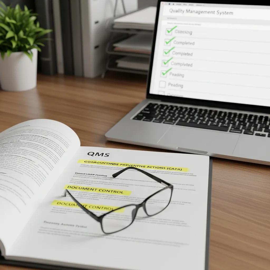 QMS documentation and digital checklist on a desk