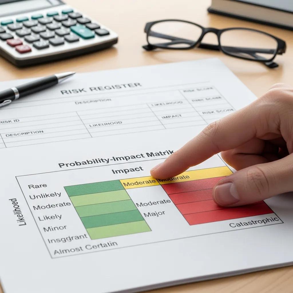 Close-up of a risk register and probability-impact matrix used in an assessment