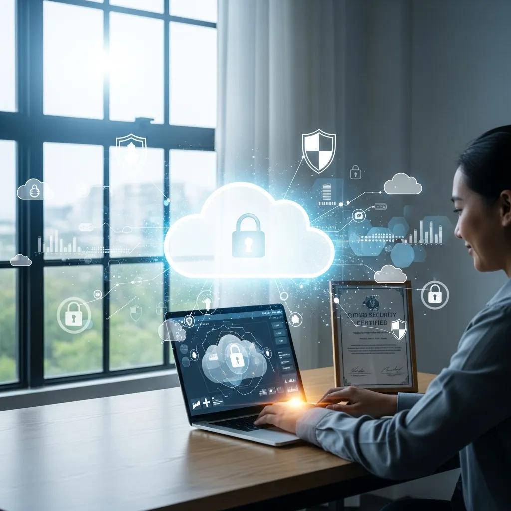 Cloud security certification workspace with laptop and security icons