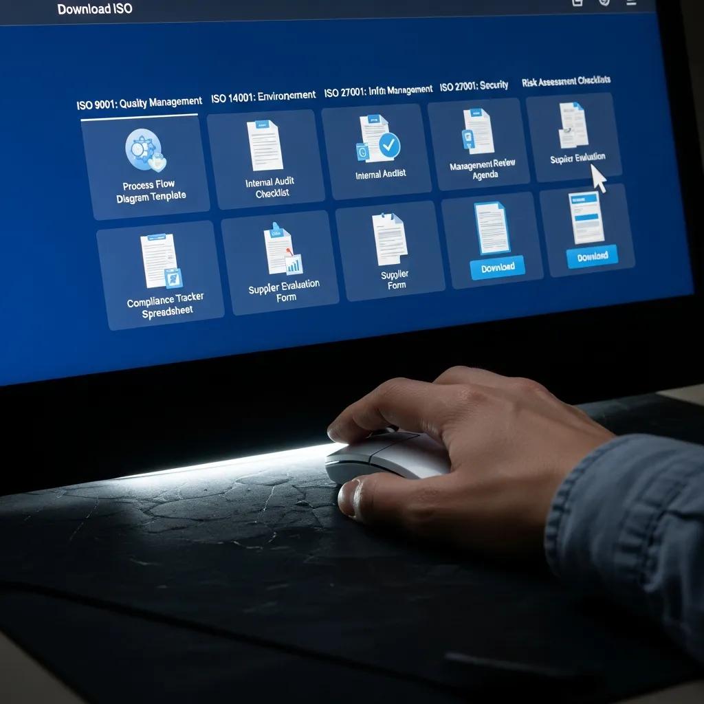 Computer screen showing downloadable ISO templates and checklists