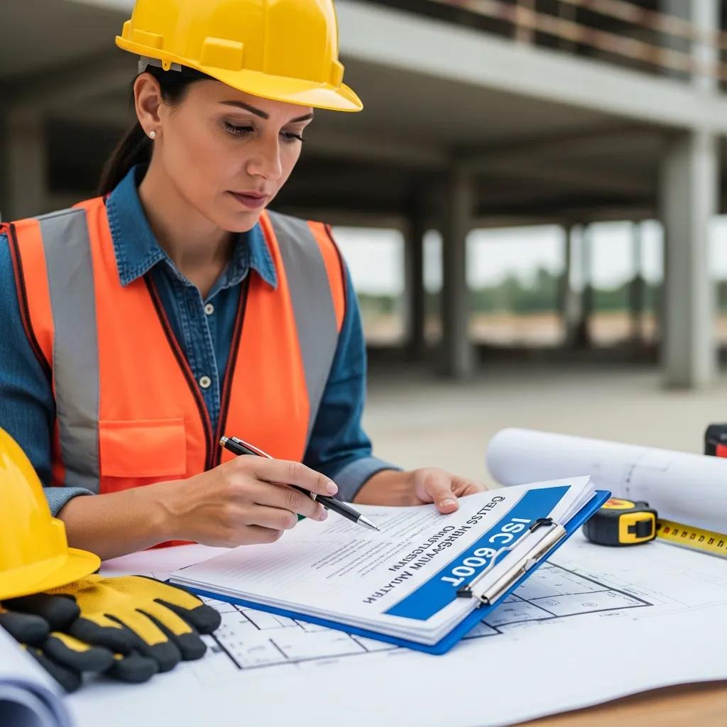 Construction manager reviewing quality records on site, demonstrating ISO 9001-based quality controls