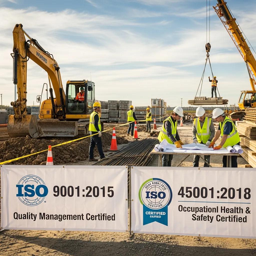 Construction site with ISO certification banners and workers in safety gear, emphasizing quality management