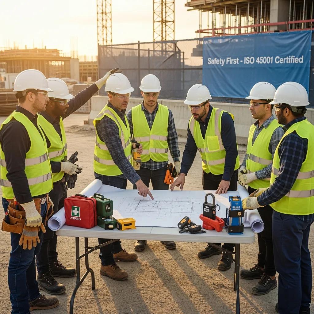 Construction crew holding a safety briefing, illustrating proactive ISO 45001 practices