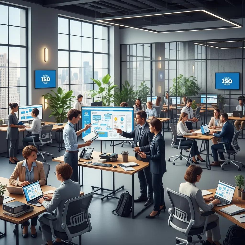 Corporate team collaborating on ISO certification processes in a modern office