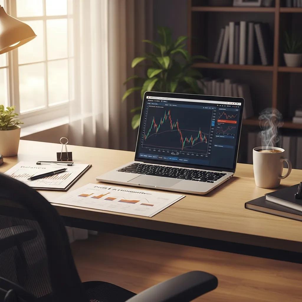 Cozy workspace with laptop and financial documents, emphasizing efficiency in financial management