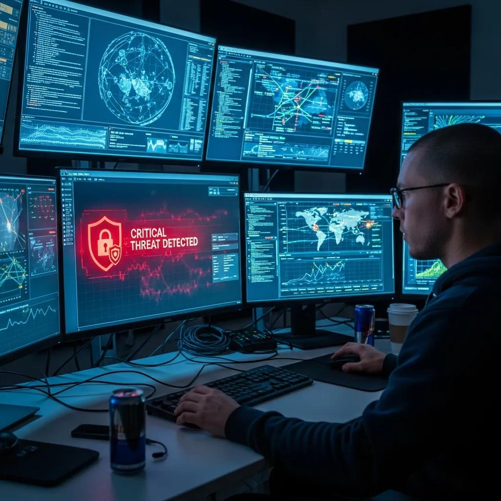 Security analyst monitoring alerts in a modern operations center