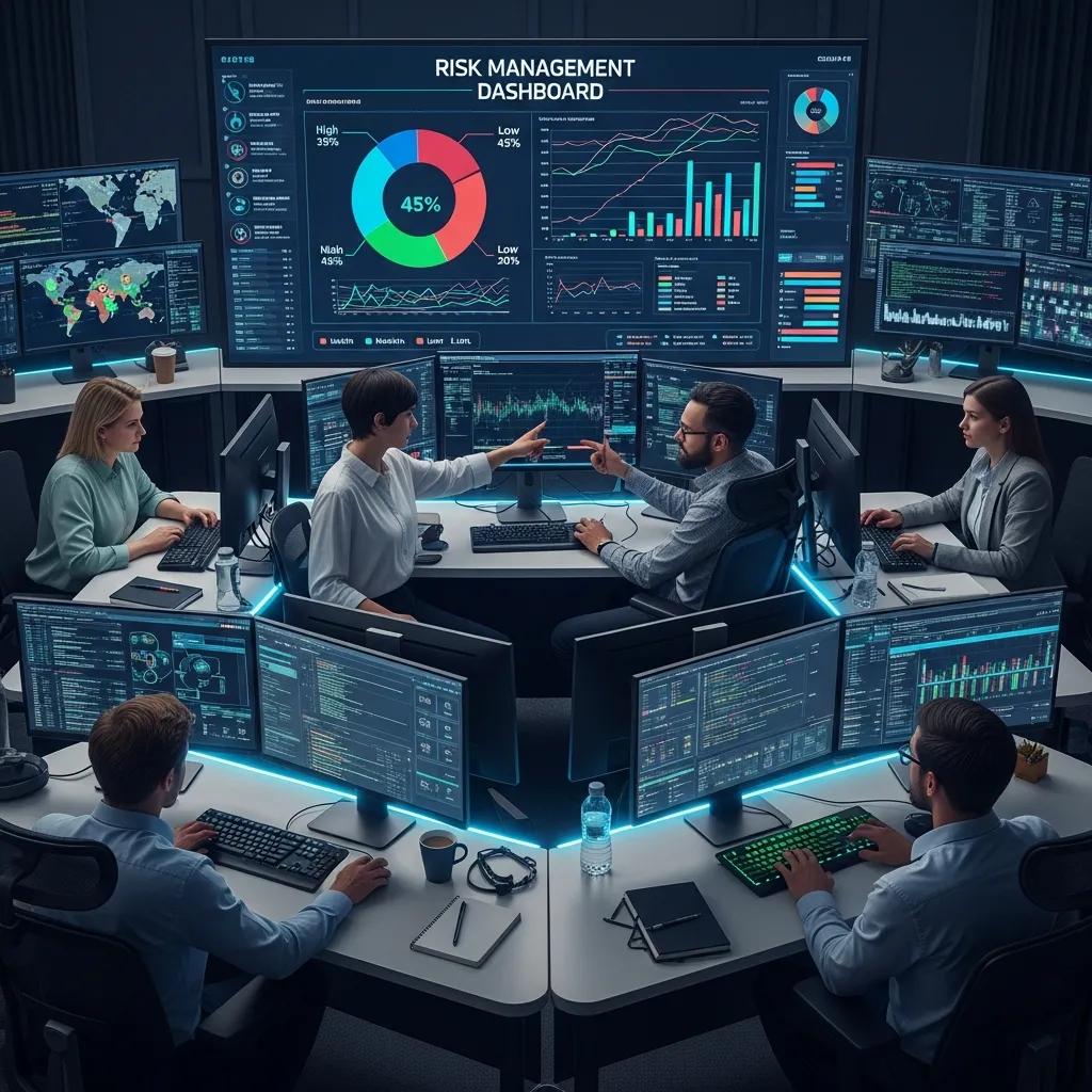 Team reviewing risk register and security metrics in a control room