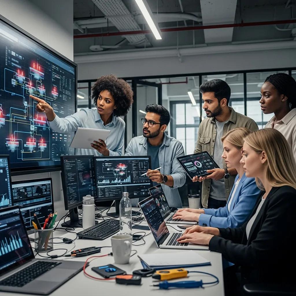 Cybersecurity team collaborating on incident management strategies in a modern office