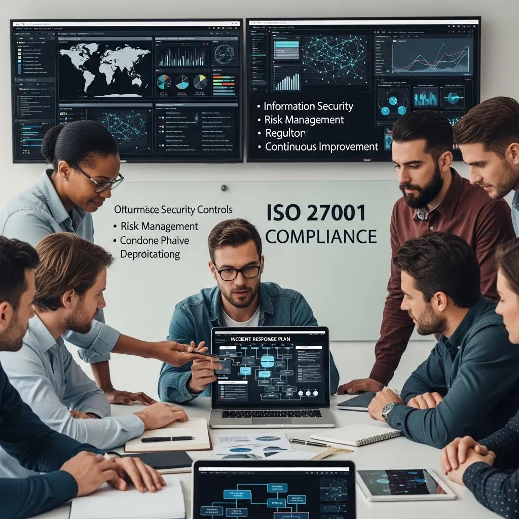 Cybersecurity team collaborating on incident response plan for ISO 27001 compliance