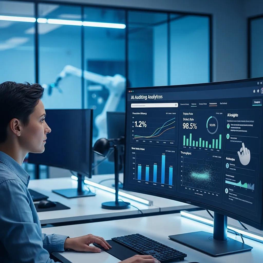 Analyst reviewing AI audit analytics on screen to optimize Lean manufacturing processes