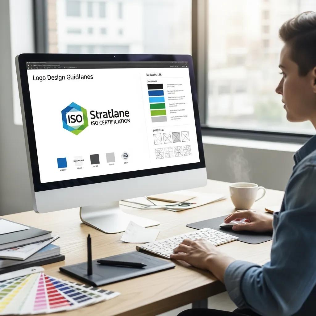 Designer reviewing Stratlane logo usage guidelines in a creative workspace