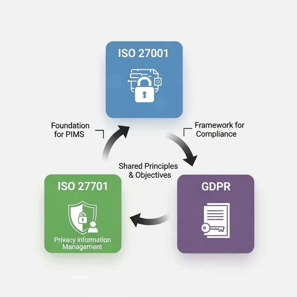 Illustration showing how ISO 27701 integrates with ISO 27001 and GDPR for privacy management