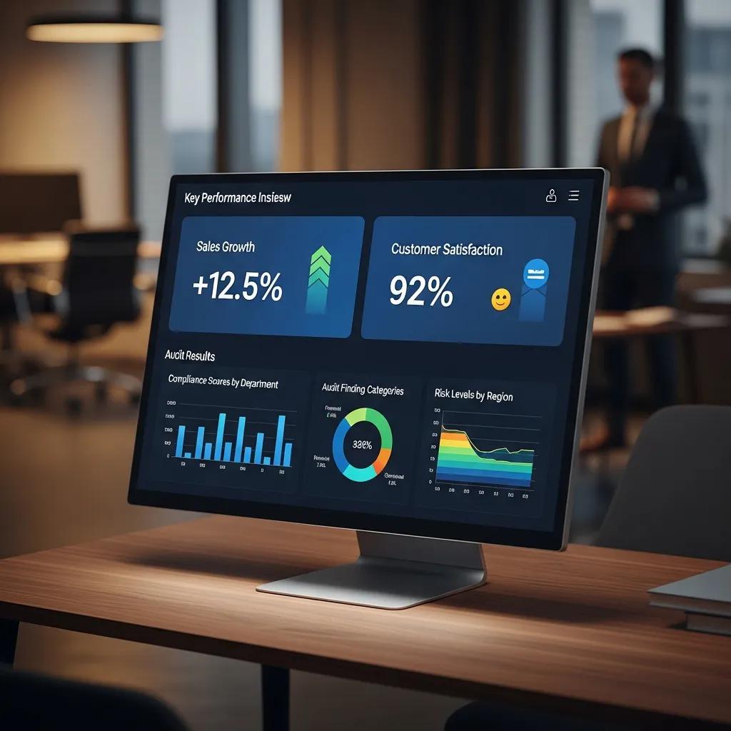 Management dashboard showing KPIs and audit summaries for ISO 9001 reviews