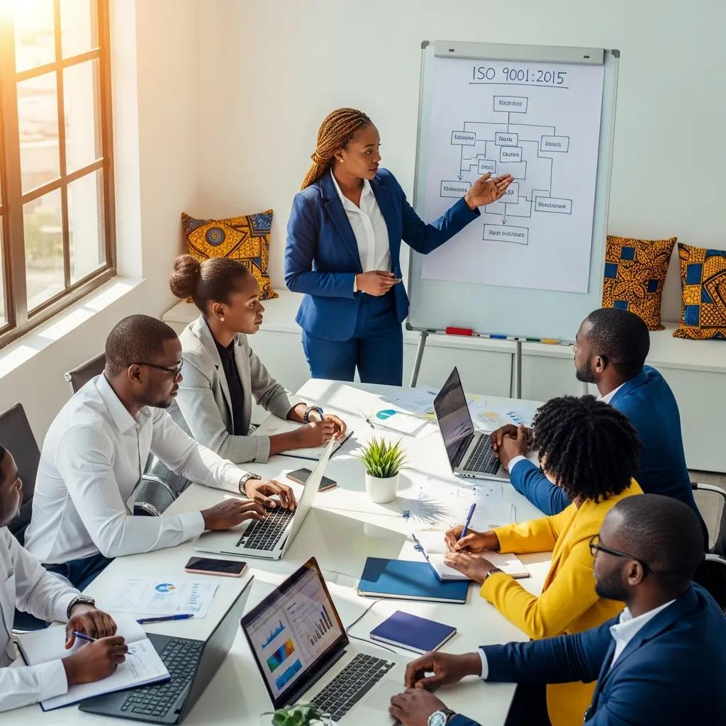 Diverse African business professionals collaborating on ISO certification in a modern office