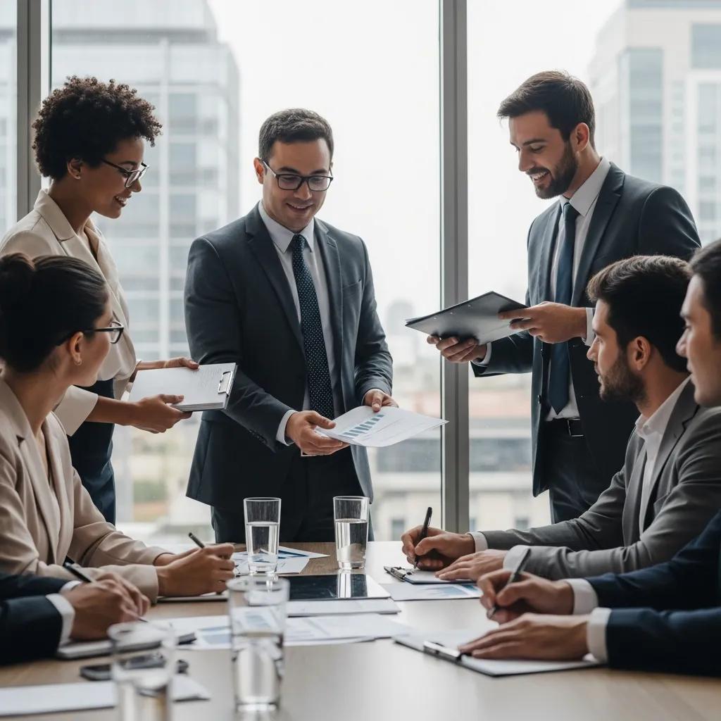 Diverse business professionals collaborating on stakeholder management strategies in a modern office setting