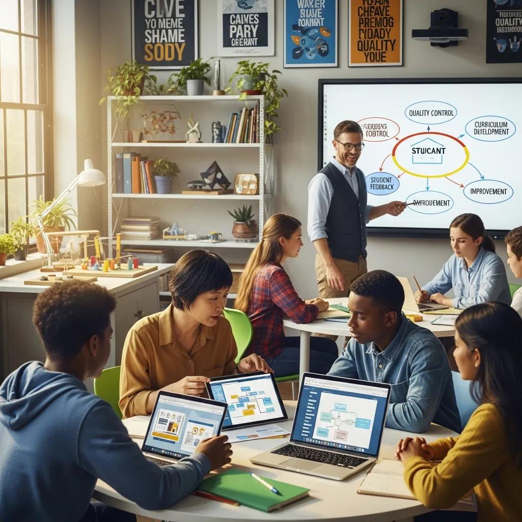 Diverse educators and students collaborating in a modern classroom, emphasizing quality management in education