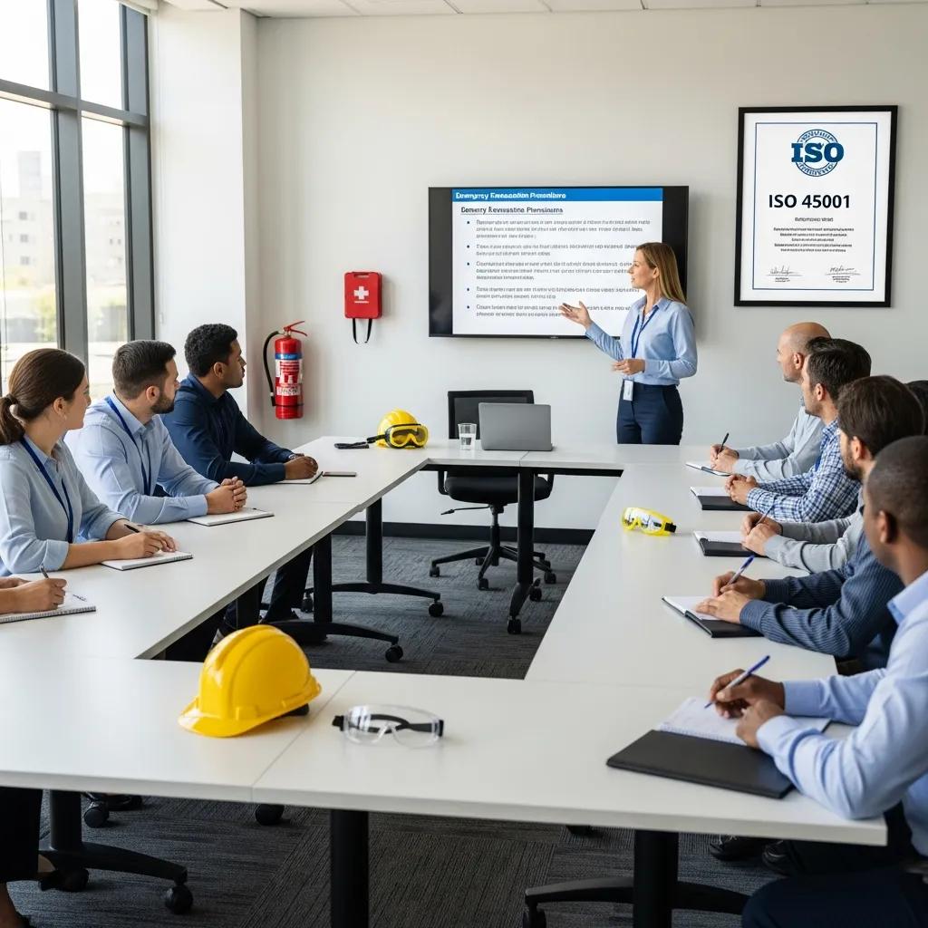 Diverse employees participating in a safety training session related to ISO 45001 certification