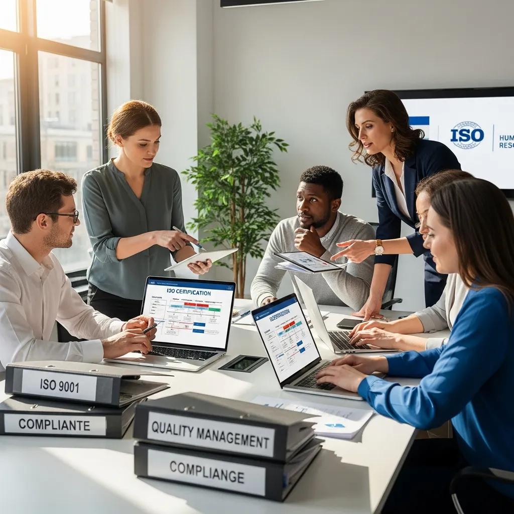 Diverse HR professionals collaborating on ISO certification processes in a modern office