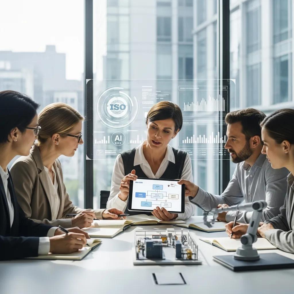 Diverse ISO auditors collaborating in a professional environment, emphasizing expertise and AI integration