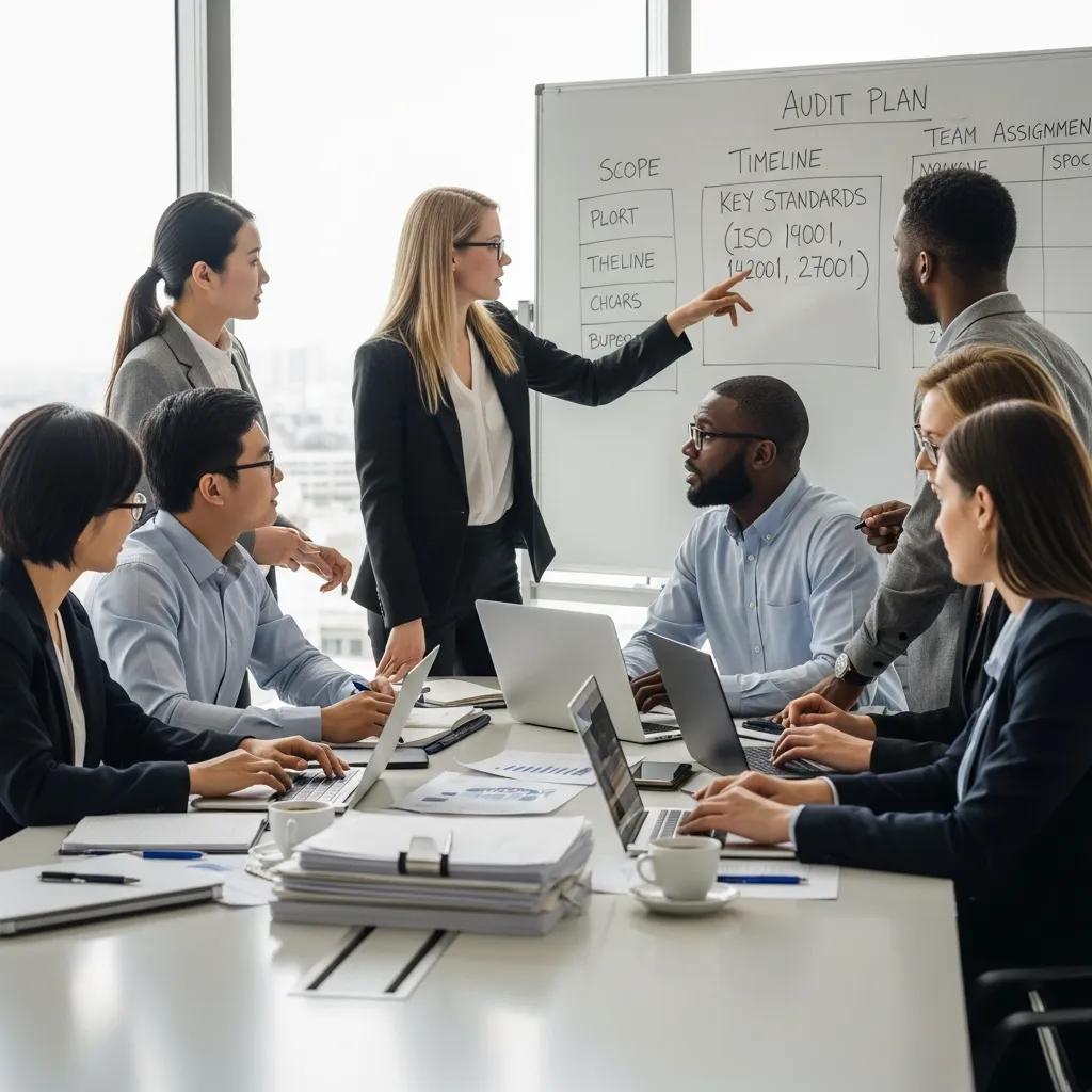 Diverse ISO certification auditors collaborating in a modern office environment