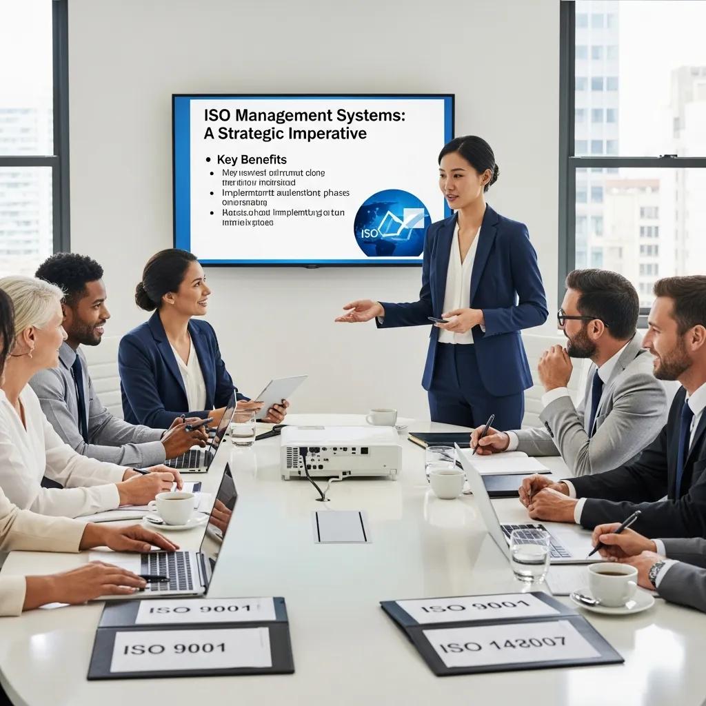 Diverse leaders collaborating in a strategic meeting about ISO management systems