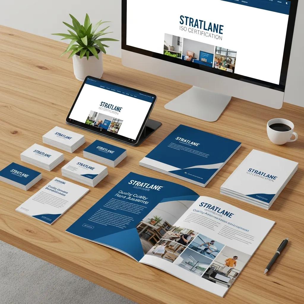 Various marketing materials showing the Stratlane ISO certification logo across formats